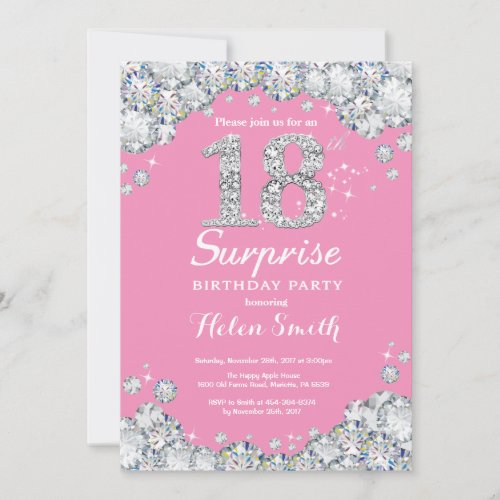 Surprise 18th Birthday Pink and Silver Diamond Invitation