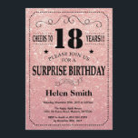 Surprise 18th Birthday Pink Rose Gold Glitter Invitation<br><div class="desc">Surprise 18th Birthday Invitation Black and Pink Rose Gold Glitter Typography. Black and Pink Rose Gold Glitter Background. Adult Birthday. Male Men or Women Birthday. Kids Boy or Girl Lady Teen Teenage Bday Invite. 13th 15th 16th 18th 20th 21st 30th 40th 50th 60th 70th 80th 90th 100th. Any Age. For...</div>