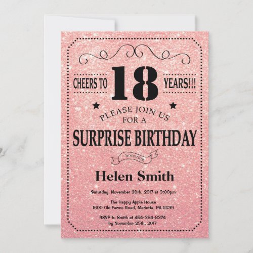 Surprise 18th Birthday Pink Rose Gold Glitter Invitation