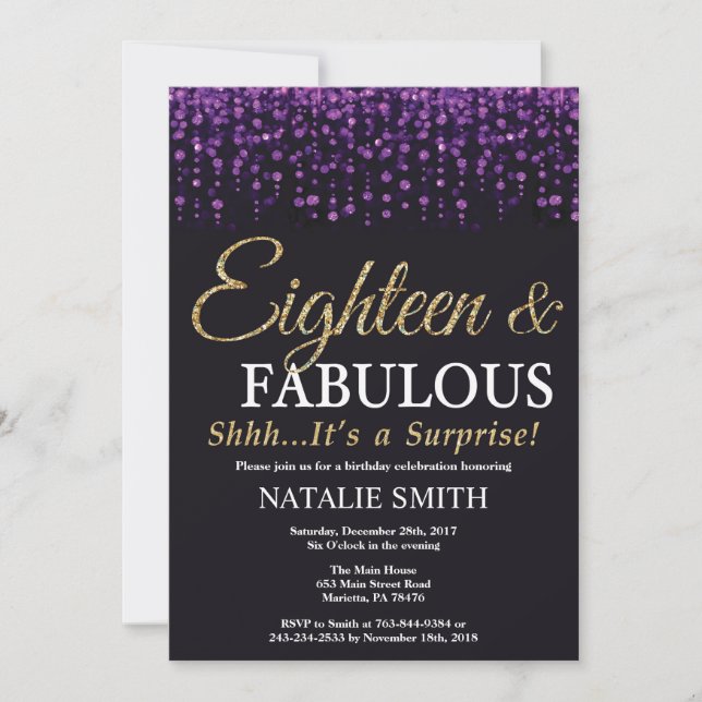 Surprise 18th Birthday Purple and Gold Glitter Invitation (Front)