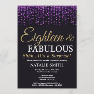 Surprise 18th Birthday Purple and Gold Glitter Invitation