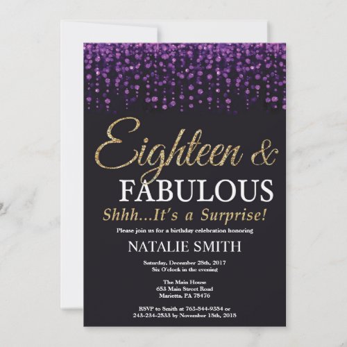 Surprise 18th Birthday Purple and Gold Glitter Invitation