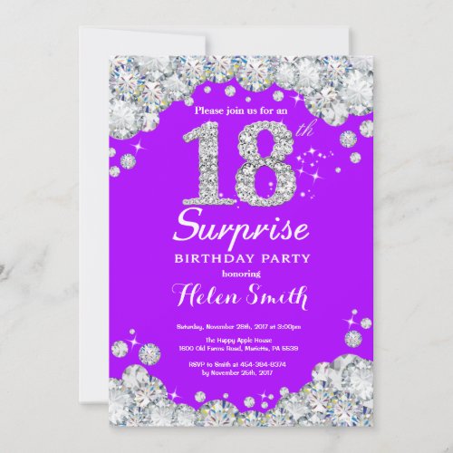 Surprise 18th Birthday Purple and Silver Diamond Invitation