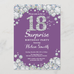 Surprise 18th Birthday Purple and Silver Diamond Invitation