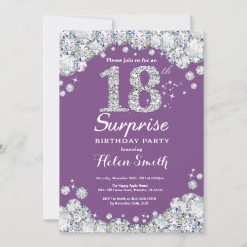 Surprise 18th Birthday Purple and Silver Diamond Invitation