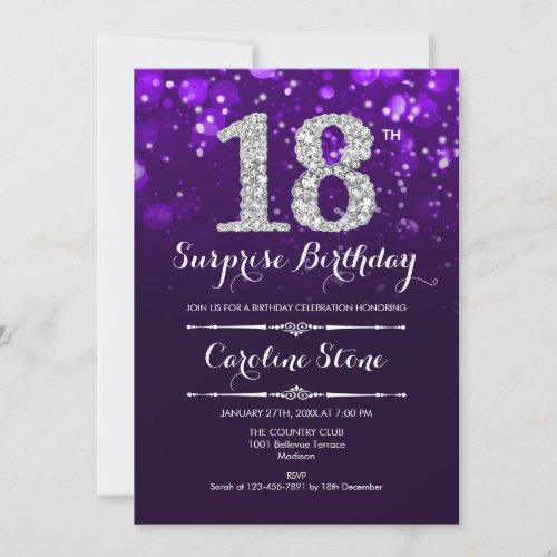 Surprise 18th Birthday _ Purple Silver Invitation