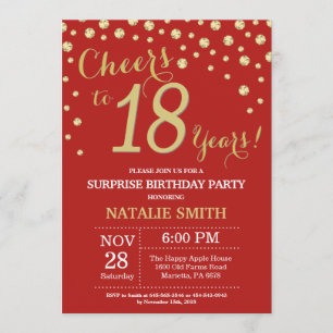 Surprise 18th Birthday Red and Gold Diamond Invitation