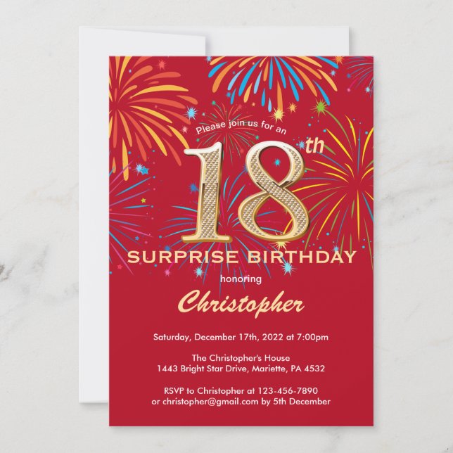 Surprise 18th Birthday Red & Gold Rainbow Firework Invitation (Front)
