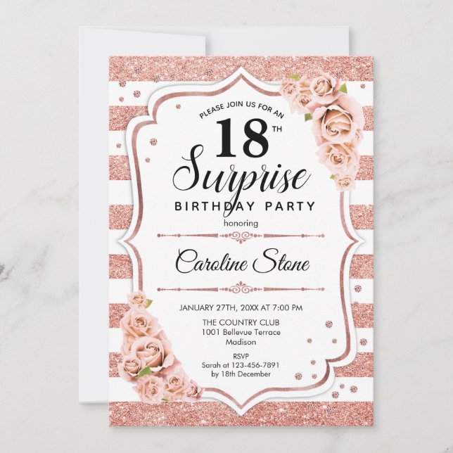 Surprise 18th Birthday - Rose Gold White Pink Invitation (Front)