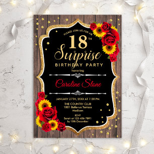 Surprise 18th Birthday - Rustic Wood Sunflowers Invitation