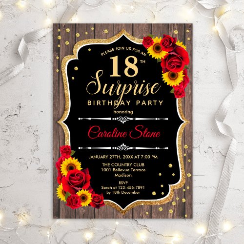 Surprise 18th Birthday _ Rustic Wood Sunflowers Invitation