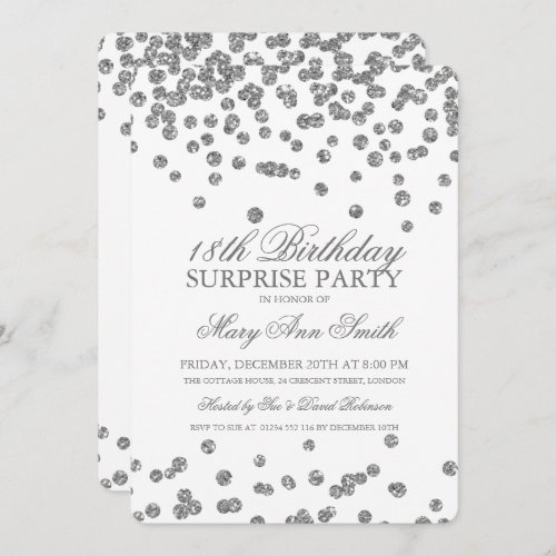 Surprise 18th Birthday Silver Glitter Confetti Invitation