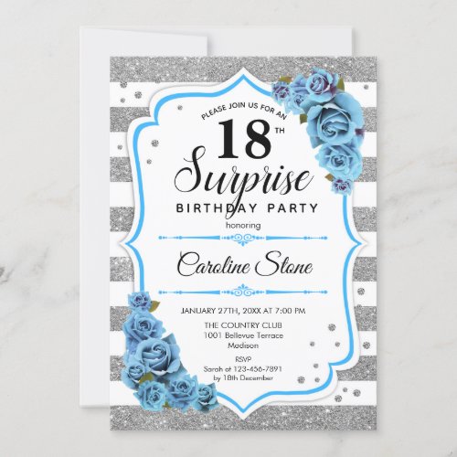 Surprise 18th Birthday _ Silver White Blue Invitation