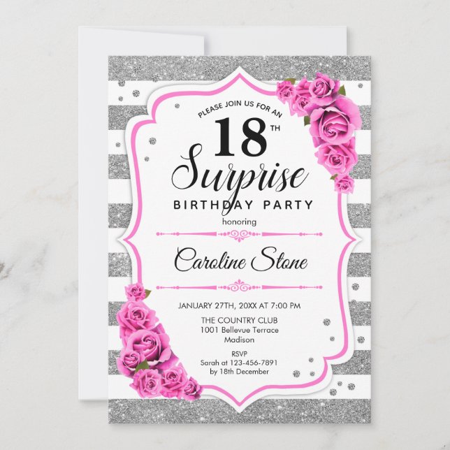 Surprise 18th Birthday - Silver White Pink Invitation (Front)