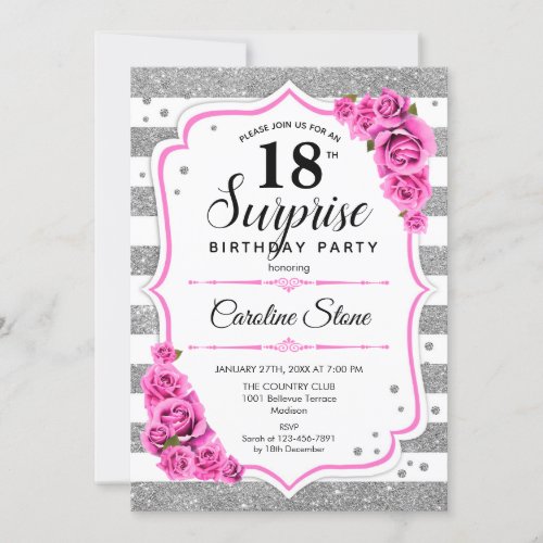 Surprise 18th Birthday _ Silver White Pink Invitation