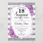 Surprise 18th Birthday - Silver White Purple Invitation<br><div class="desc">Surprise 18th Birthday Invitation.
Feminine white,  lavender design with faux glitter silver. Features stripes,  pastel purple roses,  script font and confetti. Perfect for an elegant birthday party. Can be personalized to show any age. Message me if you need further customization.</div>