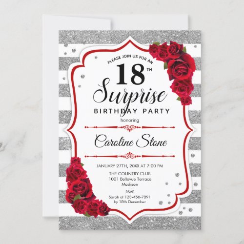 Surprise 18th Birthday _ Silver White Red Invitation