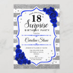 Surprise 18th Birthday - Silver White Royal Blue Invitation<br><div class="desc">Surprise 18th Birthday Invitation.
Feminine white,  royal blue design with faux glitter silver. Features stripes,  navy roses,  script font and confetti. Perfect for an elegant birthday party. Can be personalized to show any age. Message me if you need further customization.</div>