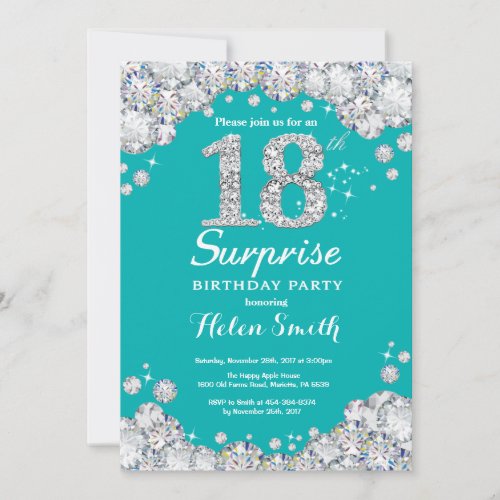 Surprise 18th Birthday Teal and Silver Diamond Invitation