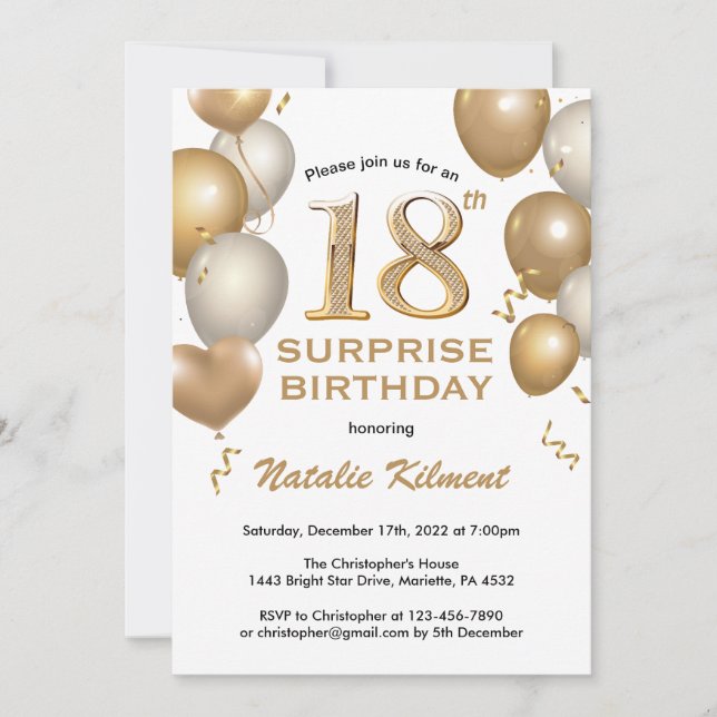 Surprise 18th Birthday White and Gold Balloons Invitation (Front)