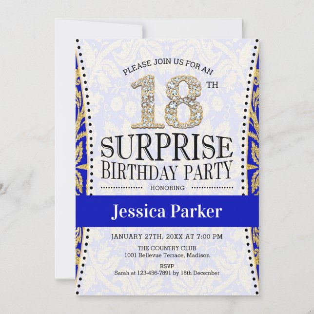 Surprise 18th Birthday - White Gold Royal Blue Invitation (Front)