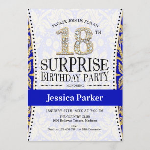 Surprise 18th Birthday - White Gold Royal Blue Invitation