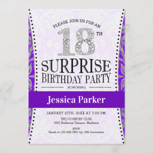 Surprise 18th Birthday - White Silver Purple Invitation