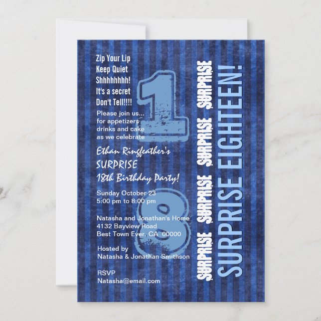 SURPRISE 18th Modern Birthday Blue Stripes W555 Invitation (Front)