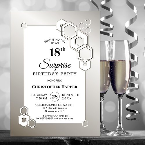 Surprise 18th Silver Geometric Birthday Party Invitation