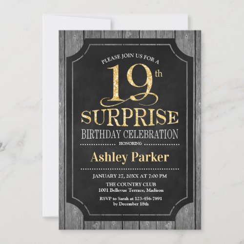 Surprise 19th Birthday Party _ Chalkboard Gold Invitation