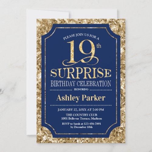 Surprise 19th Birthday Party _ Gold Navy Invitation