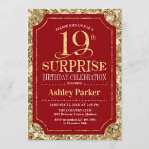 Surprise 19th Birthday Party - Gold Red Invitation