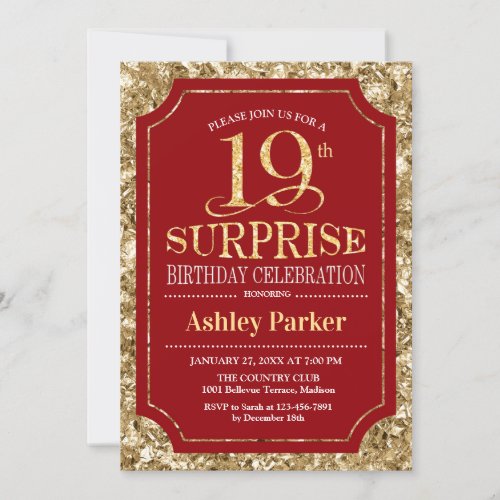 Surprise 19th Birthday Party _ Gold Red Invitation