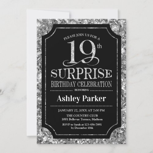 Surprise 19th Birthday Party _ Silver Black Invitation