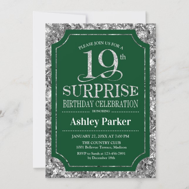 Surprise 19th Birthday Party - Silver Green Invitation (Front)