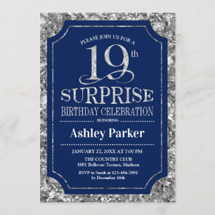 Surprise 19th Birthday Party - Silver Navy Blue Invitation