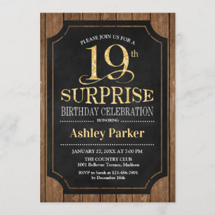 Surprise 19th Birthday Party - Wood Gold Invitation