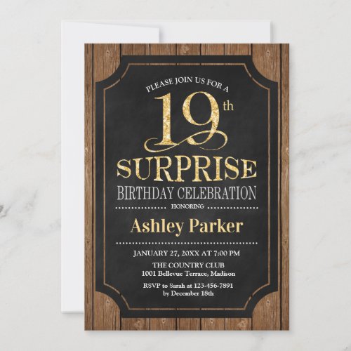 Surprise 19th Birthday Party _ Wood Gold Invitation