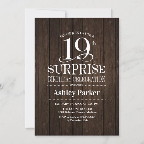 Surprise 19th Birthday Party _ Wood Invitation