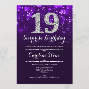 Surprise 19th Birthday - Purple Silver Invitation