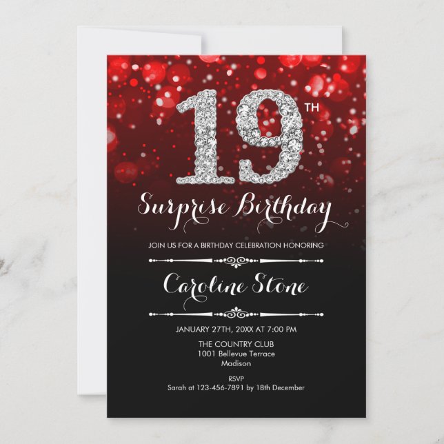 Surprise 19th Birthday - Red Black Silver Invitation (Front)