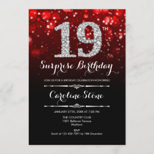Surprise 19th Birthday - Red Black Silver Invitation