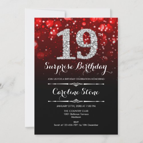 Surprise 19th Birthday _ Red Black Silver Invitation