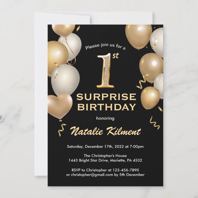 Surprise 1st Birthday Black and Gold Balloons Invitation (Front)