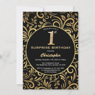 Surprise 1st Birthday Black and Gold Floral Invitation