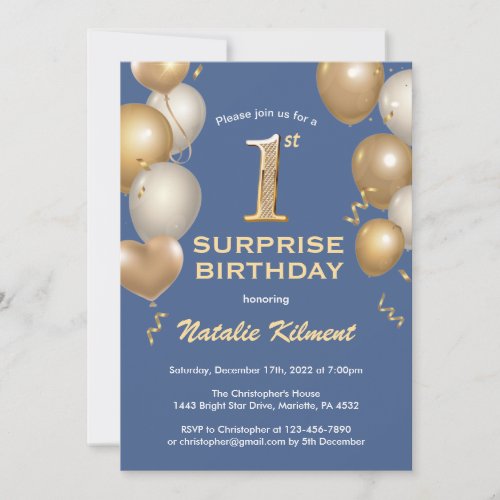 Surprise 1st Birthday Blue and Gold Balloons Invitation