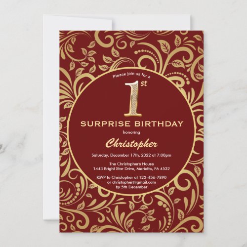 Surprise 1st Birthday Burgundy Red  Gold Floral Invitation