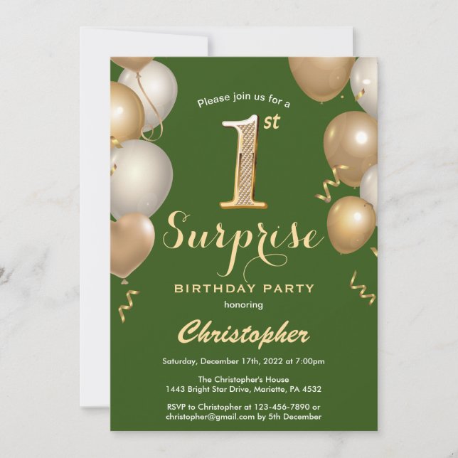 Surprise 1st Birthday Green and Gold Balloons Invitation (Front)