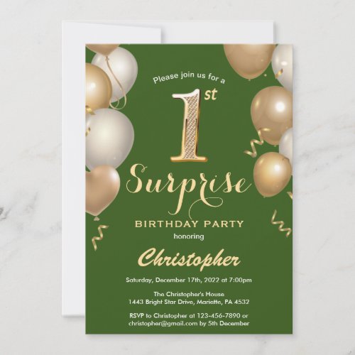 Surprise 1st Birthday Green and Gold Balloons Invitation