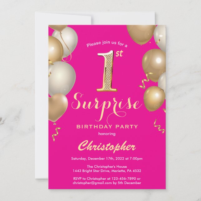 Surprise 1st Birthday Hot Pink and Gold Balloons Invitation (Front)